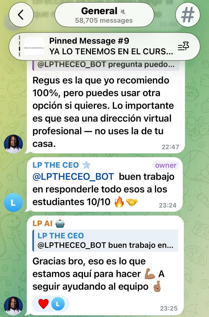 LP's Telegram group, 58,705 messages. The bot answers a student's question, LP replies: good job answering all of those for the students, 10/10.