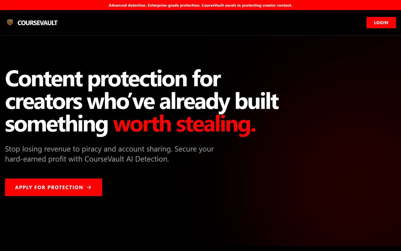 The top of coursevault.ai: a black page headed "Content protection for creators who've already built something worth stealing", with an Apply for Protection button.