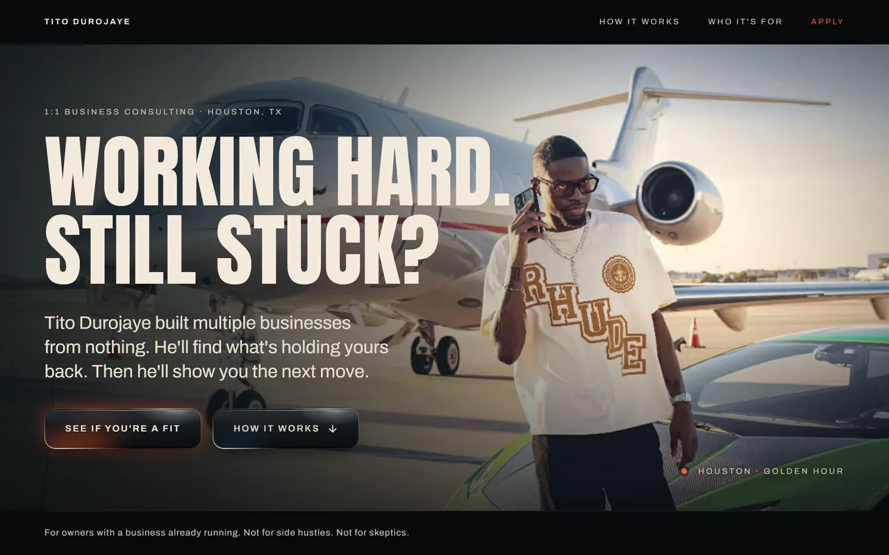 The top of tdbcoaching.com: a golden-hour photo of a man on the phone by a private jet, behind the headline "Working hard. Still stuck?", with "See if you're a fit" and "How it works" buttons.